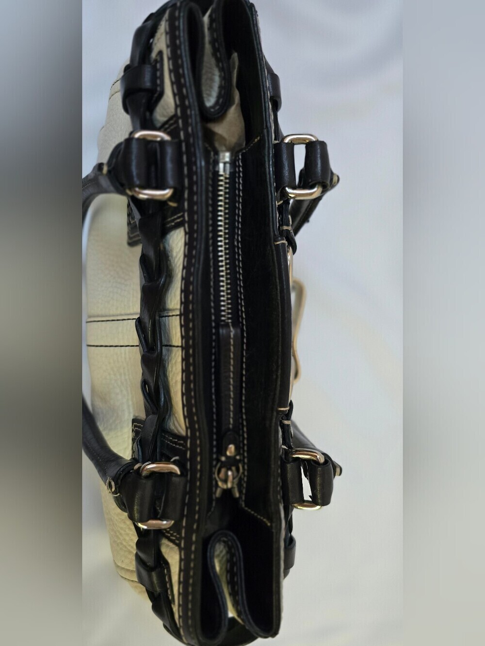 Coach Hamptons F13031 Ivory Black Pebbled Leather Braided Satchel Y2K - Picture 9 of 13
